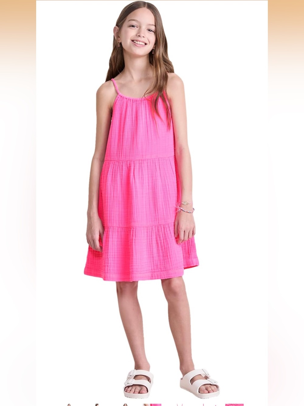 Vineyard Vines Girls Kalli Gauze Hot Pink Tiered Cotton Sundress